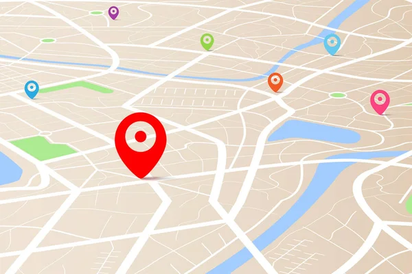 Varış noktası olan bir haritanın üç boyutlu üst görüntüsü, sokak ve nehir ile gündüz şehir haritasının hava temizliği, boş şehir hayal gücü haritası, GPS haritası navigatör konsepti, vektör ilülasyonu