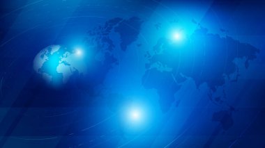 Soyut zemin 3 boyutlu dünya küresi ve fütüristik tarzda noktalı dünya haritası, siber ve iletişim dünyası konsepti, dünya haritası koyu mavi arkaplan üzerinde, geniş ekran oranı 16: 9 vektör illüstrasyonu
