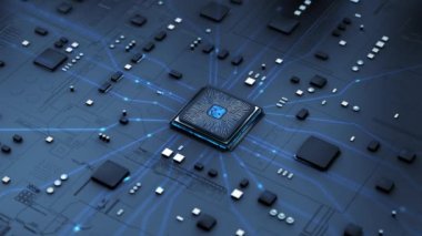 3D Canlandırma CPU yonga seti merkezi işlemci birimi ve elektrik baskı devre kartı üzerinde veri trafik ışığı ve tahıl işlenmiş