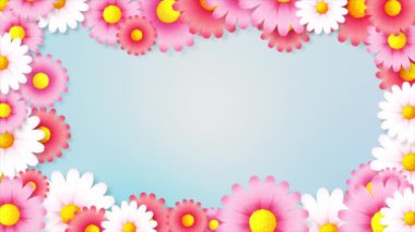 Güzel çiçek dönüşleri ve çiçeklenmelerinin soyut arkaplan animasyonu, bahar ve yaz tatili için pembe arkaplan üzerinde telif alanı olan boş çerçeve ve çiçek