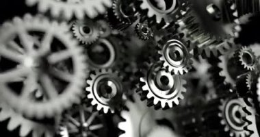 Takım çalışması başarısı ve teknoloji konsepti için, alan derinliği ile 3D Rending metal dişli çarklı döndürme