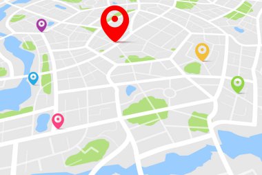 Varış noktası olan bir haritanın üç boyutlu üst görüntüsü, sokak ve nehir ile gündüz şehir haritasının hava temizliği, boş şehir hayal gücü haritası, GPS haritası navigatör konsepti, vektör ilülasyonu