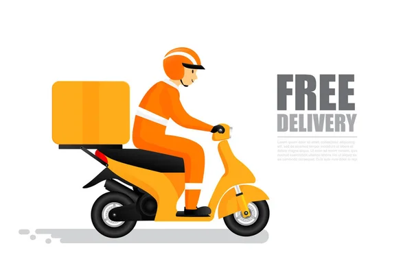 Free Delivery Text Smiling Man Riding Motorbike Happiness Delivery Logistic — Stock Vector