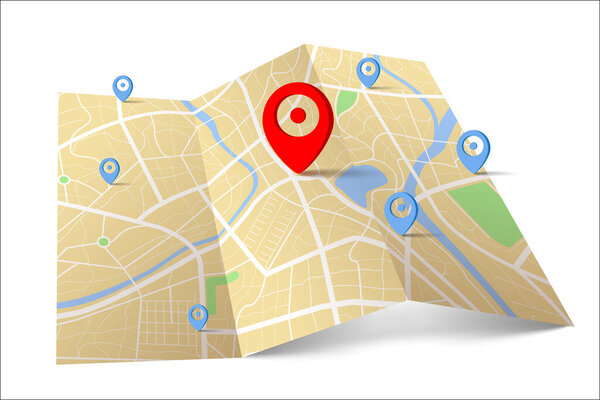 3D top view of a map with destination location point, Aerial clean top view of the day time city map with street and river, Blank urban imagination map, GPS map navigator concept, vector illustration