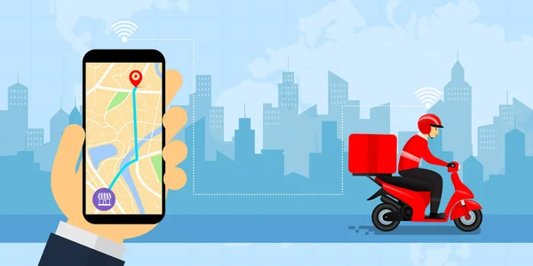 笑顔男と携帯電話を保持し 幸福と配信のためのバイクに乗る オンラインショッピングロジスティクスと交通の概念のための コピースペースでの配信アプリケーションのための — ストックベクタ