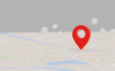 Haritada, navigatör ve seyahat konsepti için varış noktasının 3D görüntüleme kırmızı GPS noktası, odak derinliği alan seçiniz
