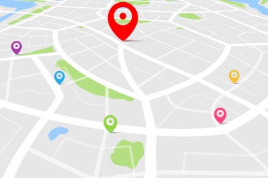Varış noktası olan bir haritanın üç boyutlu üst görüntüsü, sokak ve nehir ile gündüz şehir haritasının hava temizliği, boş şehir hayal gücü haritası, GPS haritası navigatör konsepti, vektör ilülasyonu
