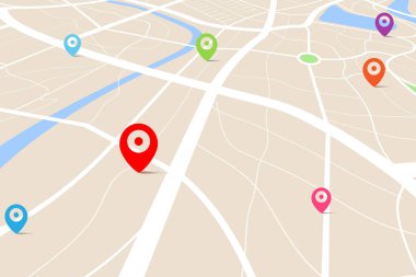 Varış noktası olan bir haritanın üç boyutlu üst görüntüsü, sokak ve nehir ile gündüz şehir haritasının hava temizliği, boş şehir hayal gücü haritası, GPS haritası navigatör konsepti, vektör ilülasyonu
