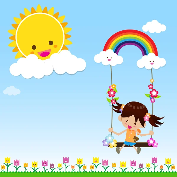 Girl with Sun Rainbow and Cloud 002 — Stock Vector