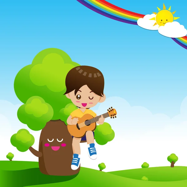 Cute Little boy child playing a music guitar on tree — Stock Vector