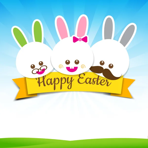 Feliz Páscoa coelho coelho texto com fita no fundo da natureza —  Vetores de Stock