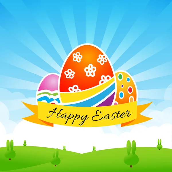 Texto de ovo de Páscoa feliz com fita no fundo da natureza —  Vetores de Stock