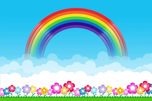 Arc-en-ciel sur fond nature avec herbe verte et fleurs et bl — Image vectorielle