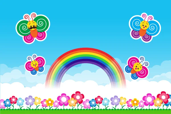 Butterfly Rainbow na pozadí povahu s zelené trávy a flo — Stockový vektor