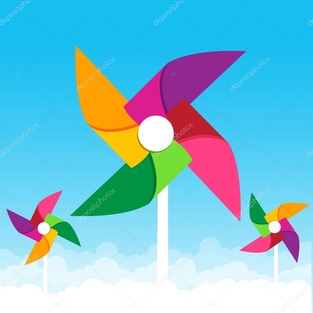 Colorful paper wind turbine on blue sky background vector illust