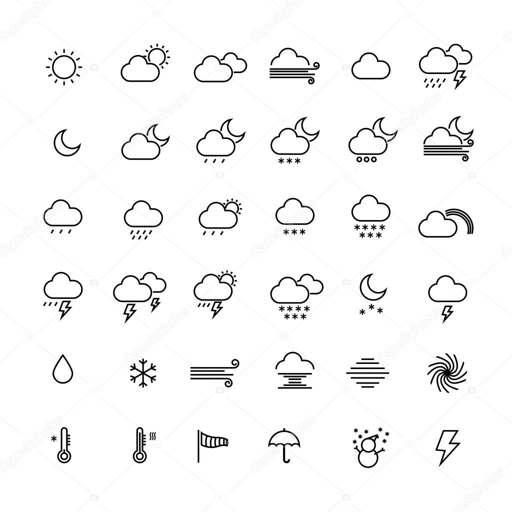 Collection of weather line icons on white background. Vector ill