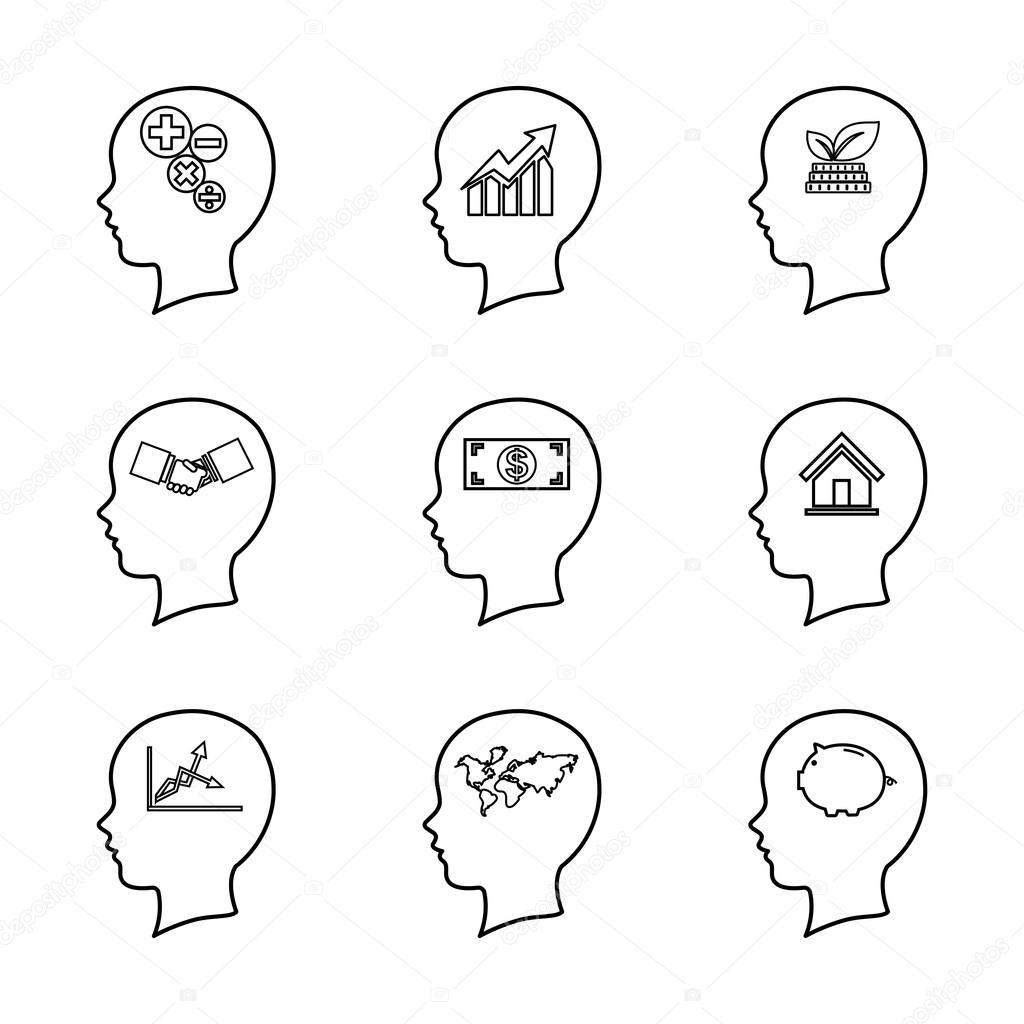 Set of people head line icon, thinking of the brain,business con
