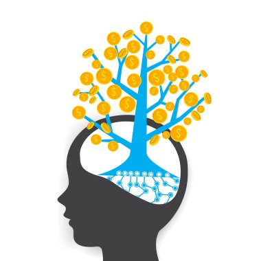 Money coin tree growing o human head, business concept think for