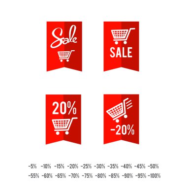 Satılık etiketi daire afiş şerit kağıdı - vektör çizim seti