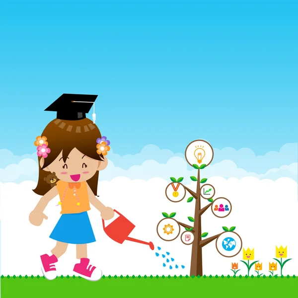 Söt liten flicka med träd utbildning koncept på naturen bak — Stock vektor