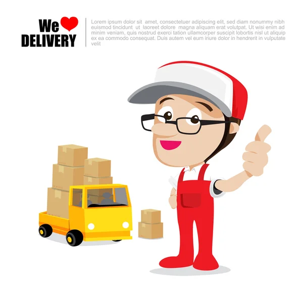 Smile delivery man pulgar hacia arriba en el camión, y el paquete de entrega carro — Vector de stock