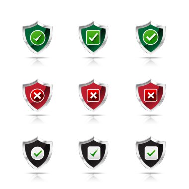 Toplama onay işareti ve yanlış işareti kalkan simgesi, tasarım