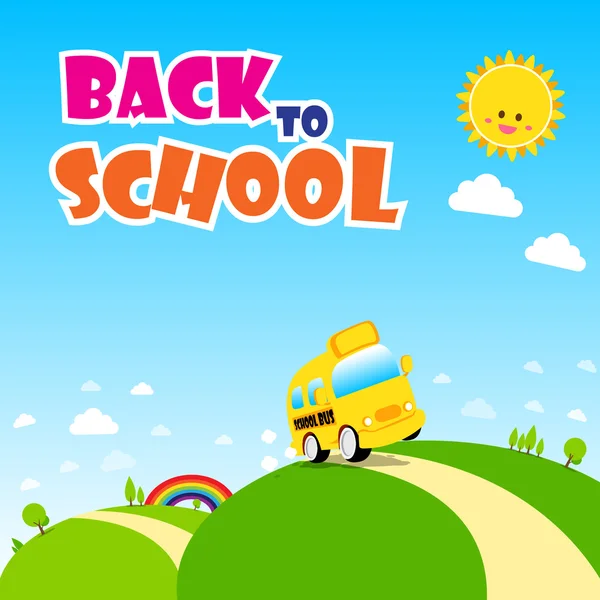Terug naar school text, bus van de school op het groene veld met zon regen — Stockvector