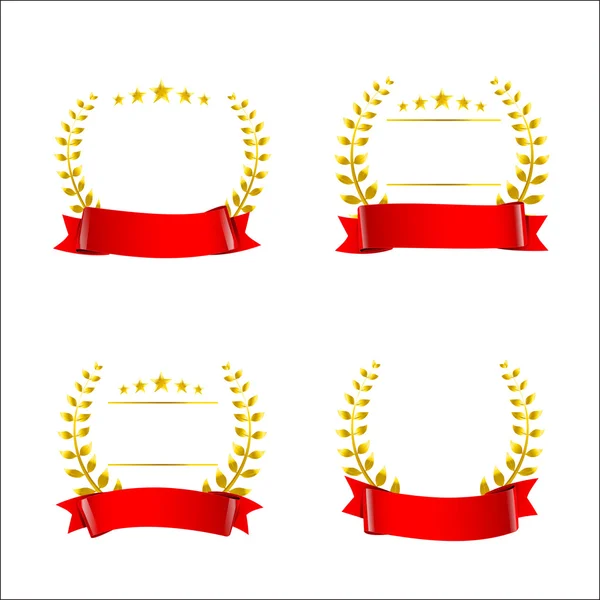 Conjunto de fitas vermelhas e coroas de ouro, modelo de prêmio em branco isolado — Vetor de Stock