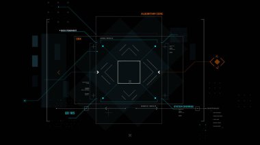 Dairesel AI elementleri ve veri ızgara tasarımı ile vektör bilimkurgu HUD arayüzü, fütüristik teknoloji veya video kaplama şablonu kullanımı için mükemmel