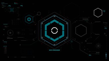 Dairesel AI elementleri ve veri ızgara tasarımı ile vektör bilimkurgu HUD arayüzü, fütüristik teknoloji veya video kaplama şablonu kullanımı için mükemmel