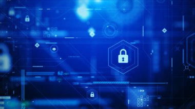 Katmanlı dijital kilitler, akan veri hatları ve gelecekteki ağ panelleri, yüksek teknolojili görsel, yapay zeka temaları ve güvenli sistem arayüzü için tasarlanmış üç boyutlu sanal güvenlik HUD sahnesi
