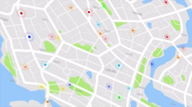 3D 'nin, yollu ve daireli caddeli kasaba haritası siber teknoloji ve gelecekçi konsept için rastgele numaralar içeren varış noktalarını gösteriyor.