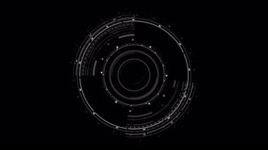 4K HUD animasyonu, gelişmiş yapay zeka ve gelecekteki dijital sistemlerin görselleştirilmesi, parlayan yapay zeka arayüzü elementleri, veri şebekeleri ve dinamik teknoloji işaretleyicileri ile örtüşür