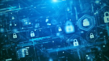Katmanlı dijital kilitler, akan veri hatları ve gelecekteki ağ panelleri, yüksek teknolojili görsel, yapay zeka temaları ve güvenli sistem arayüzü için tasarlanmış üç boyutlu sanal güvenlik HUD sahnesi