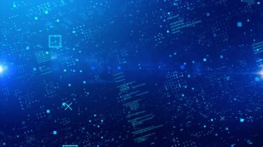 4K HUD animasyonu, gelişmiş yapay zeka ve gelecekteki dijital sistemlerin görselleştirilmesi, parlayan yapay zeka arayüzü elementleri, veri şebekeleri ve dinamik teknoloji işaretleyicileri ile örtüşür