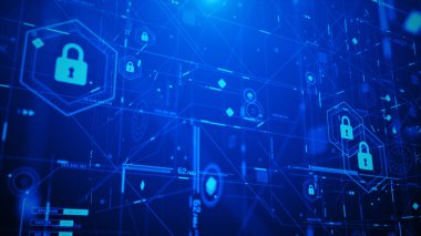 Katmanlı dijital kilitler, akan veri hatları ve gelecekteki ağ panelleri, yüksek teknolojili görsel, yapay zeka temaları ve güvenli sistem arayüzü için tasarlanmış üç boyutlu sanal güvenlik HUD sahnesi