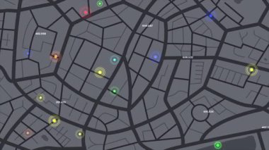 Renkli konum işaretlerini ve sayısal veri noktalarını gösteren soyut dijital şehir haritası arayüzü, akıllı şehir sistemleri, GPS izleme ve gerçek zamanlı kentsel bilgi görselleştirmesini temsil eder.