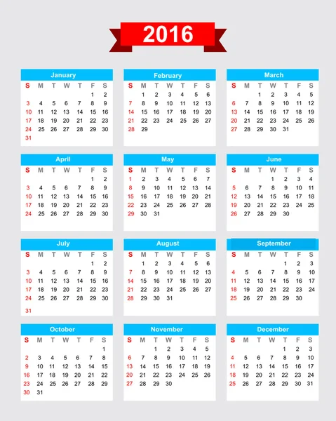 2016 semana calendario inicio domingo 001 — Archivo Imágenes Vectoriales