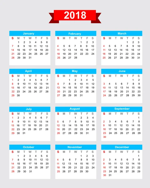 2018 calendar week start sunday — Stock Vector