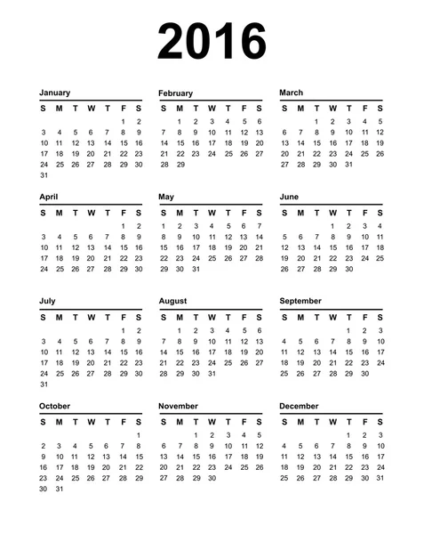 2016 Calendar Black text on a white background — Stock Vector