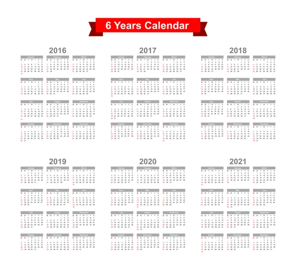 2016 - 2021 Calendario Texto en negro sobre fondo blanco — Archivo Imágenes Vectoriales