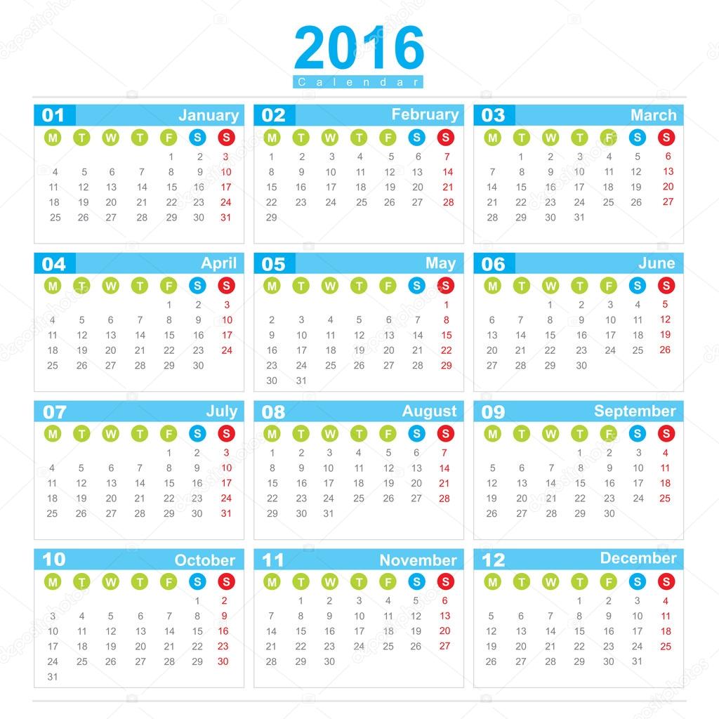 2016 Calendar week start monday