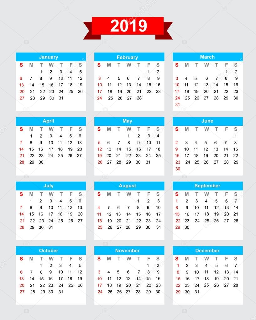 2019 calendar week start sunday