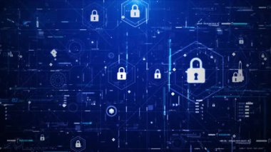 Karanlık arka planda kilit simgesi ve dijital ağ çizgileriyle canlandırılmış siber güvenlik arayüzü. Veri koruması ve teknoloji kavramı