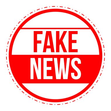 Kırmızı Sahte Haberler dairesel pul vektör simgesi. Yanlış bilgilendirme, yanlış bilgilendirme ve medya aldatmacaları için uyarı sembolü. Farkındalık veya medyayla ilgili içerik için düzenlenebilir grafik