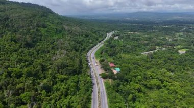 Yoğun yeşil ormanı kesen, doğal manzarayı, manzaralı seyahat rotasını ve yukarıdan barışçıl kırsal çevreyi yakalayan dolambaçlı bir dağ yolunun yüksek açılı drone görüntüleri..