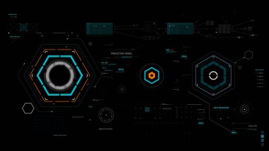 Dairesel AI elementleri ve veri ızgara tasarımı ile vektör bilimkurgu HUD arayüzü, fütüristik teknoloji veya video kaplama şablonu kullanımı için mükemmel