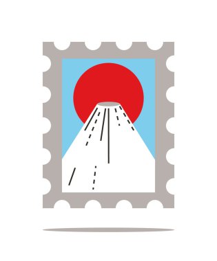 ujiyama dağın ve büyük kırmızı güneş pullar.