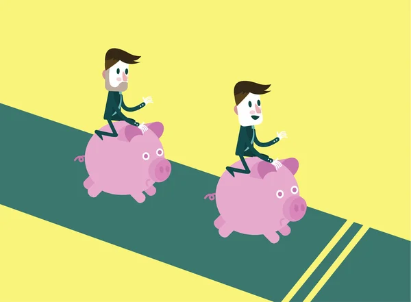 Mensen uit het bedrijfsleven rijden ze piggy bank uitgevoerd. — Stockvector