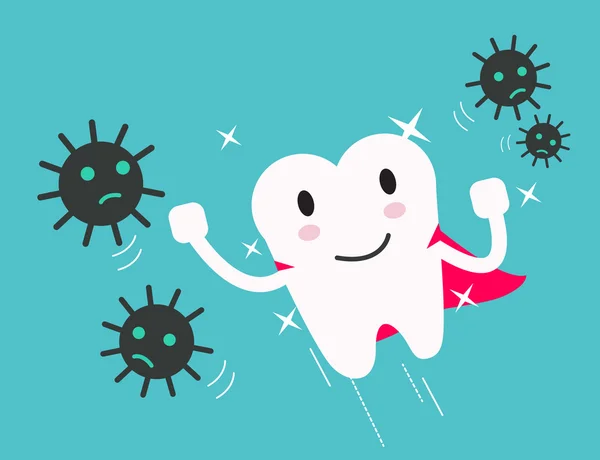 Superheld gezond tand aanval bacteriën en kiemen. — Stockvector